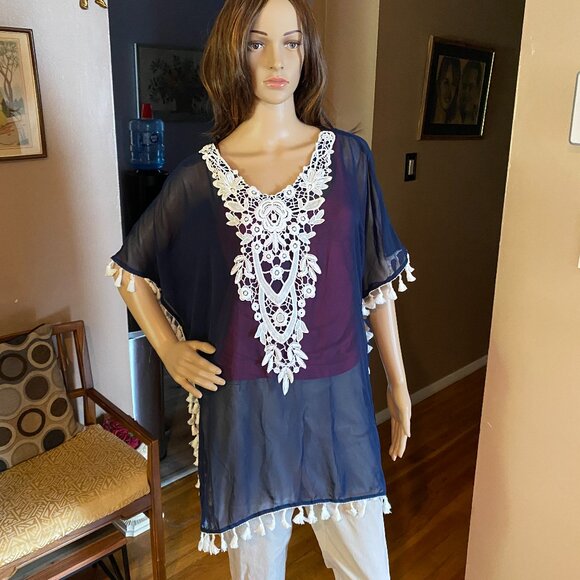 Navy Blue/Lace Swim Beach Pool Cover Up NWOT Size L/1X - Picture 2 of 7